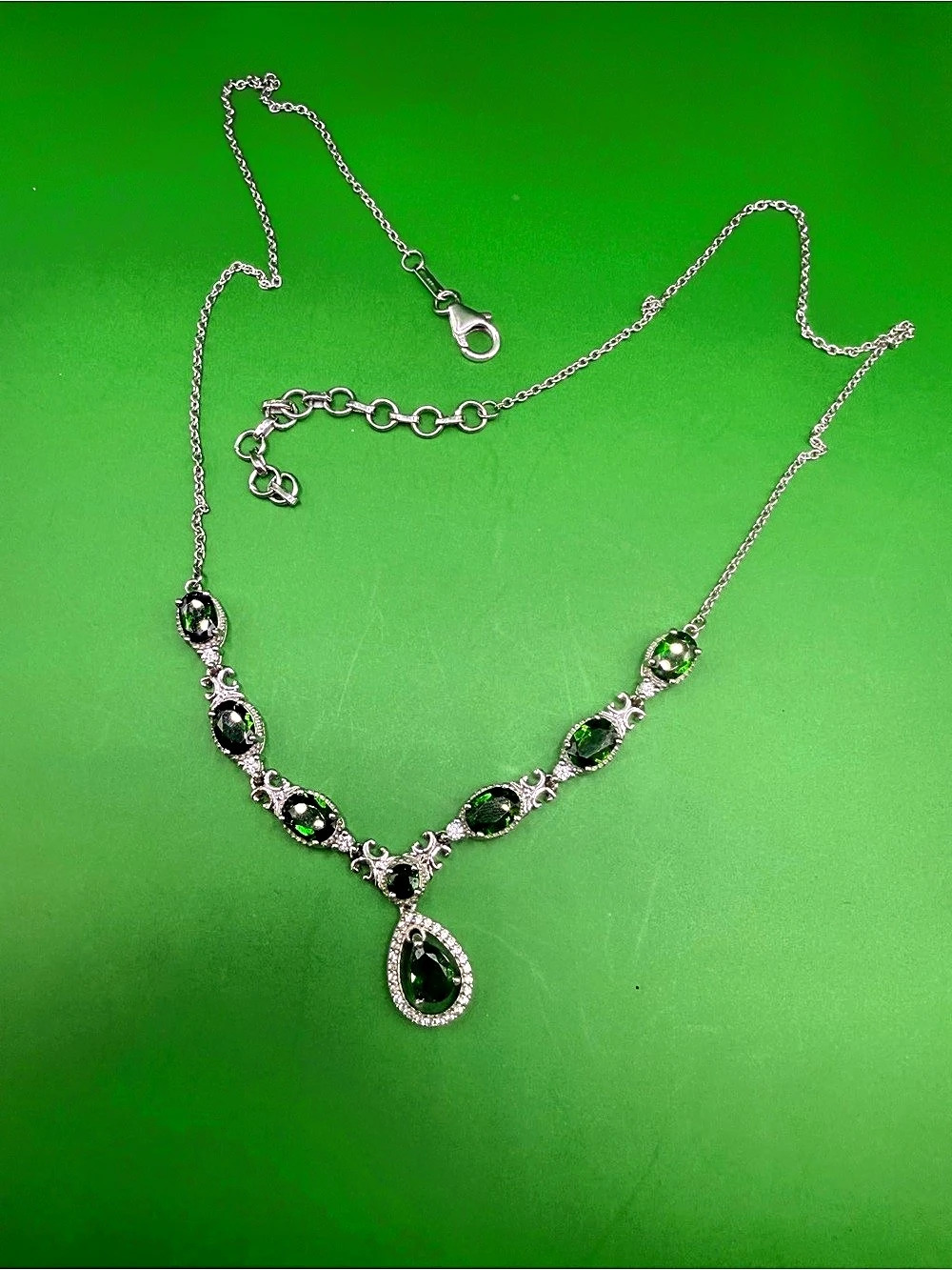 925 Sterling Silver Chrome Diopside & White Topaz Necklace 18 to 20”.